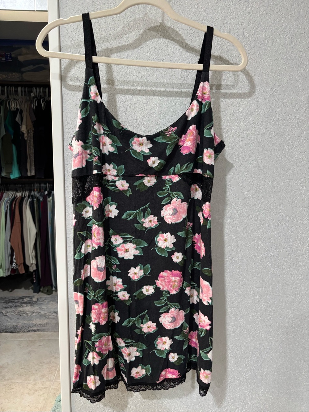 Victoria's Secret Black Slip Dress with Pink/Green Floral Print